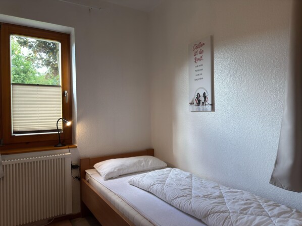Una habitación pequeña con cama individual, ventana, radiador y un cuadro colgado en la pared.
