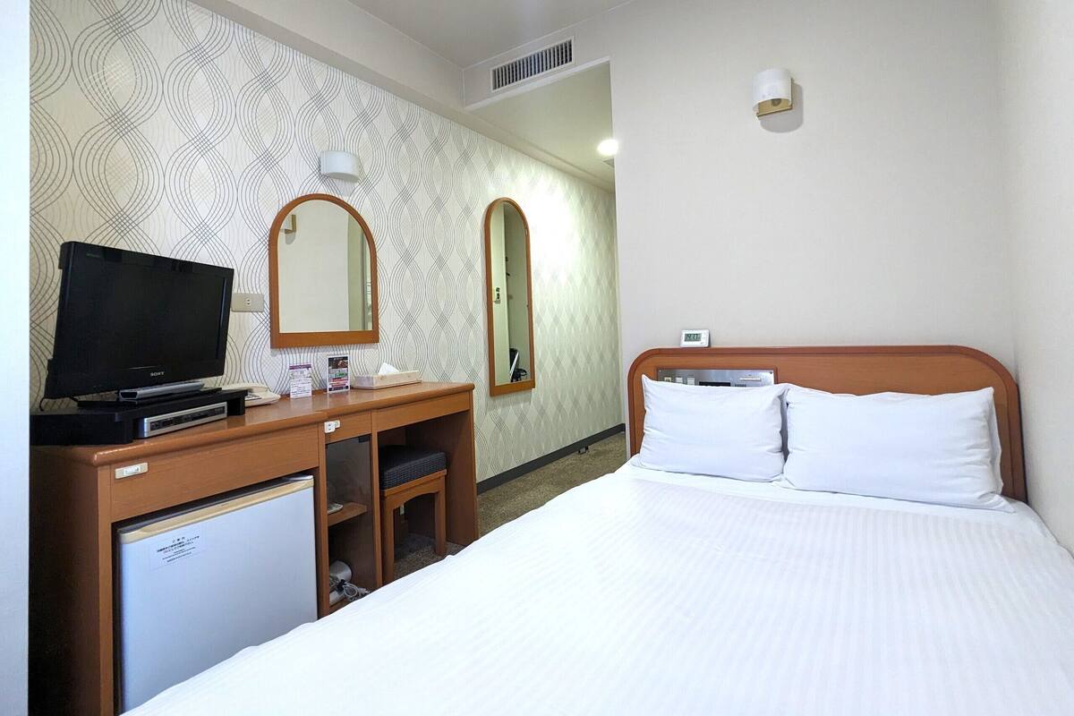 Une chambre d’hôtel avec un lit, un bureau avec une télévision et un miroir.