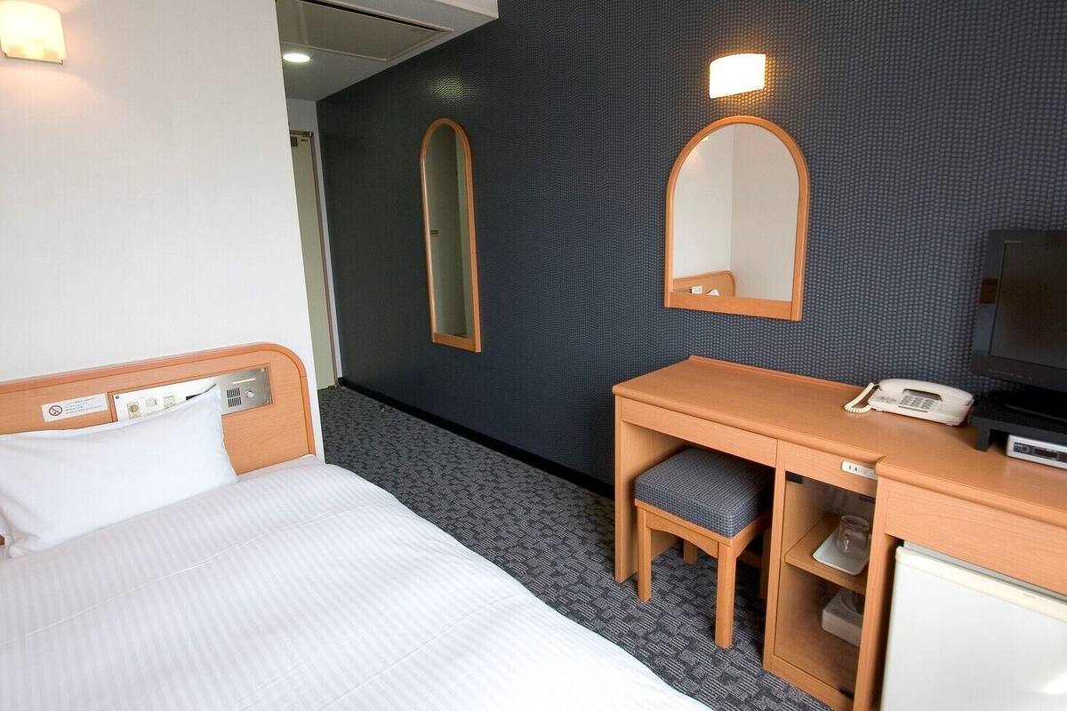 Une chambre d’hôtel comprenant un lit, un bureau avec une chaise, un miroir, une télévision et un téléphone.