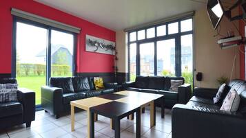 Télévision, lecteur de DVD, baby-foot, table de tennis de table