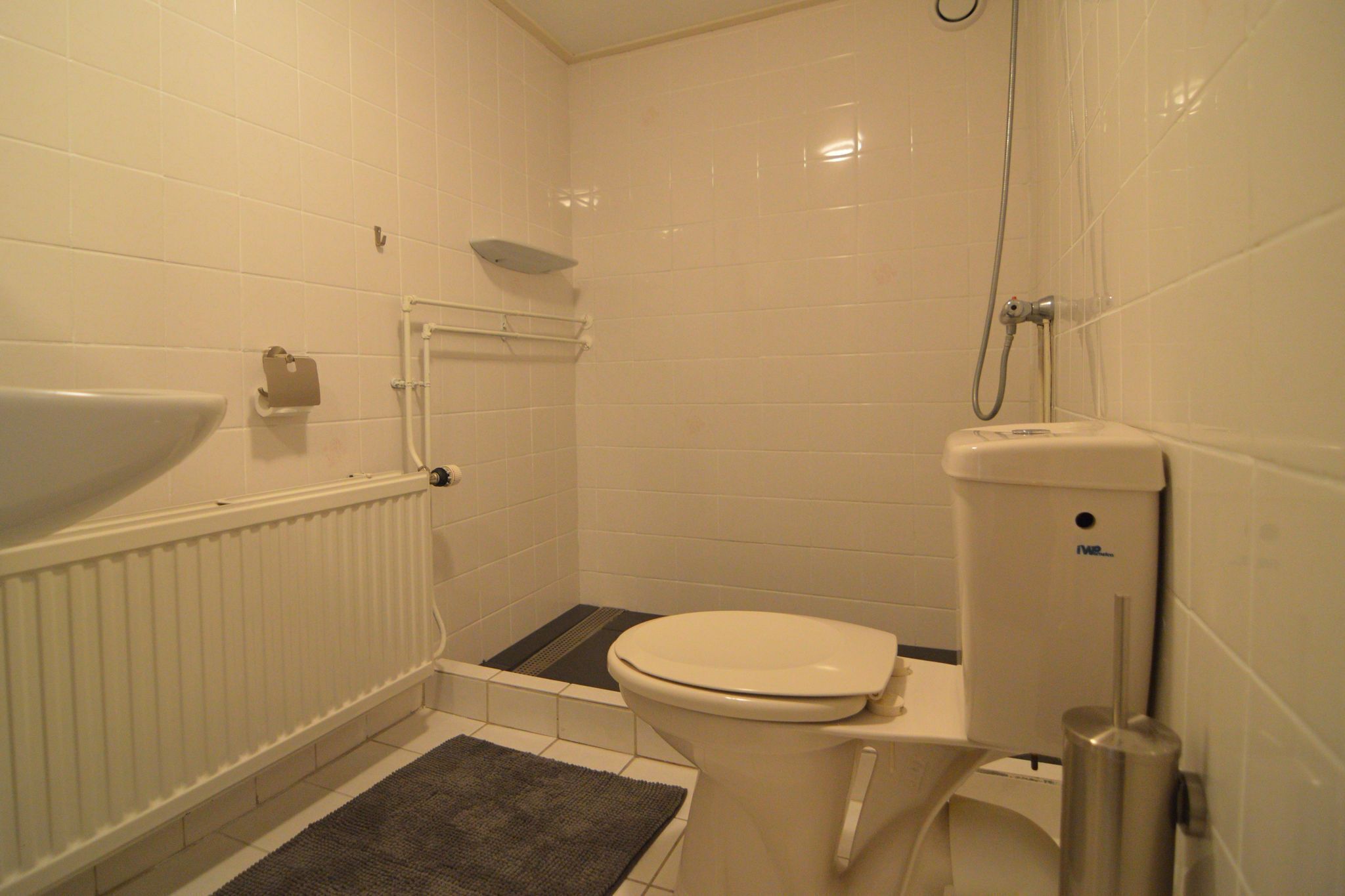 Une petite salle de bain blanche, équipée de toilettes, d’un lavabo et d’une douche.
