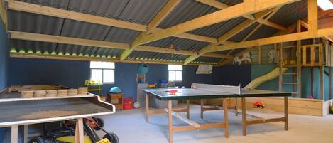 En rummelig stue med højt til loftet, træbjælker og et ping pong bord.