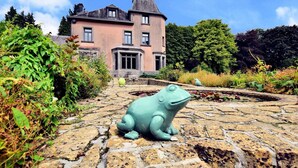 A stone pathway leading to a large, multi-story building with a turret and a garden with various plants and a frog statue. - Luxury Estate with Pool & Spa (Jamoigne)