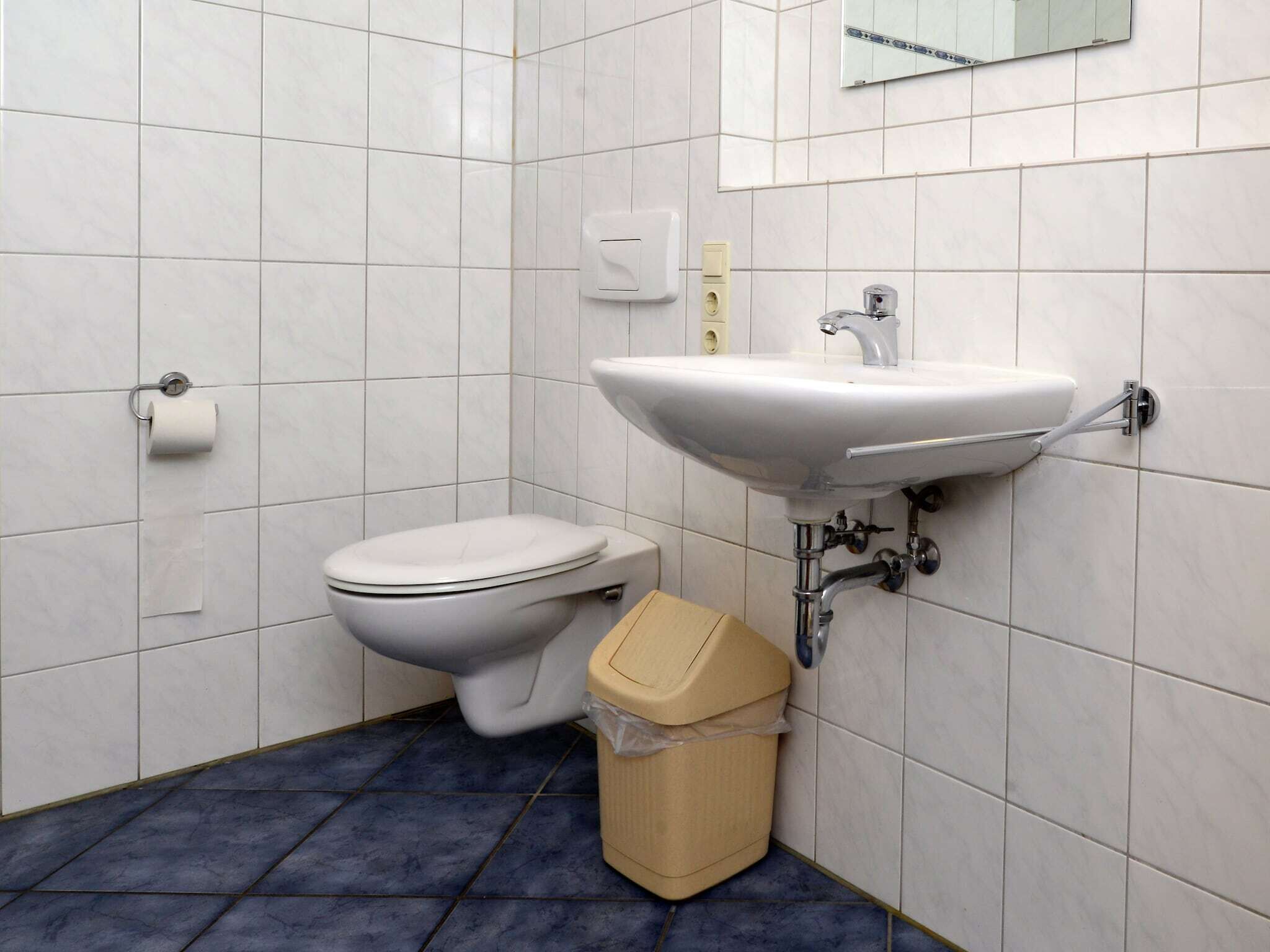A bathroom with a toilet, sink, and a trash bin.