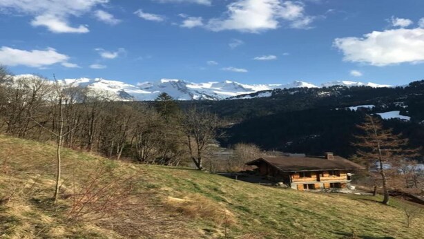 A wooden cabin with a sloped roof, surrounded by a forested hillside and snow-capped mountains in the background. - Chalet Apartment by Lake Geneva, Evian (Bernex)
