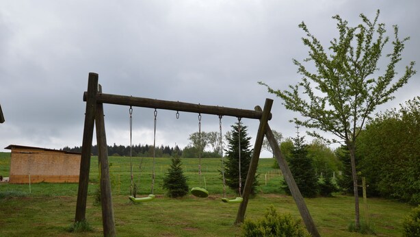 A wooden swing set in a grassy field with a shed and trees in the background. - Comfy Apartment in Gransdorf with Garden (Gransdorf)