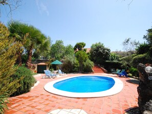 A swimming pool surrounded by lounge chairs and greenery. - Vintage Farmhouse in Soudos Lisbon with pool (Soudos)