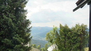 Ein Blick auf eine üppige grüne Landschaft mit Bäumen und einem fernen Gebirge.