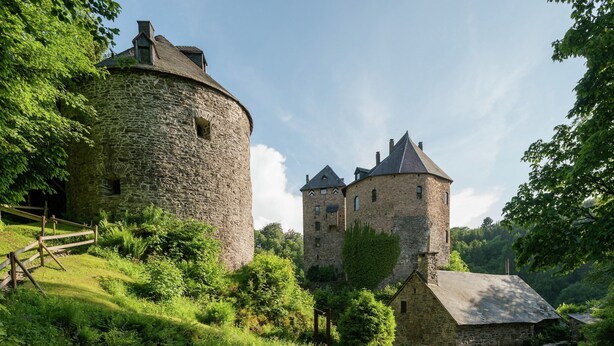 A stone castle with a round tower and a rectangular building, surrounded by lush greenery and a gravel path. - Cozy Forest Chalet Escape (Waimes - Sourbrodt)