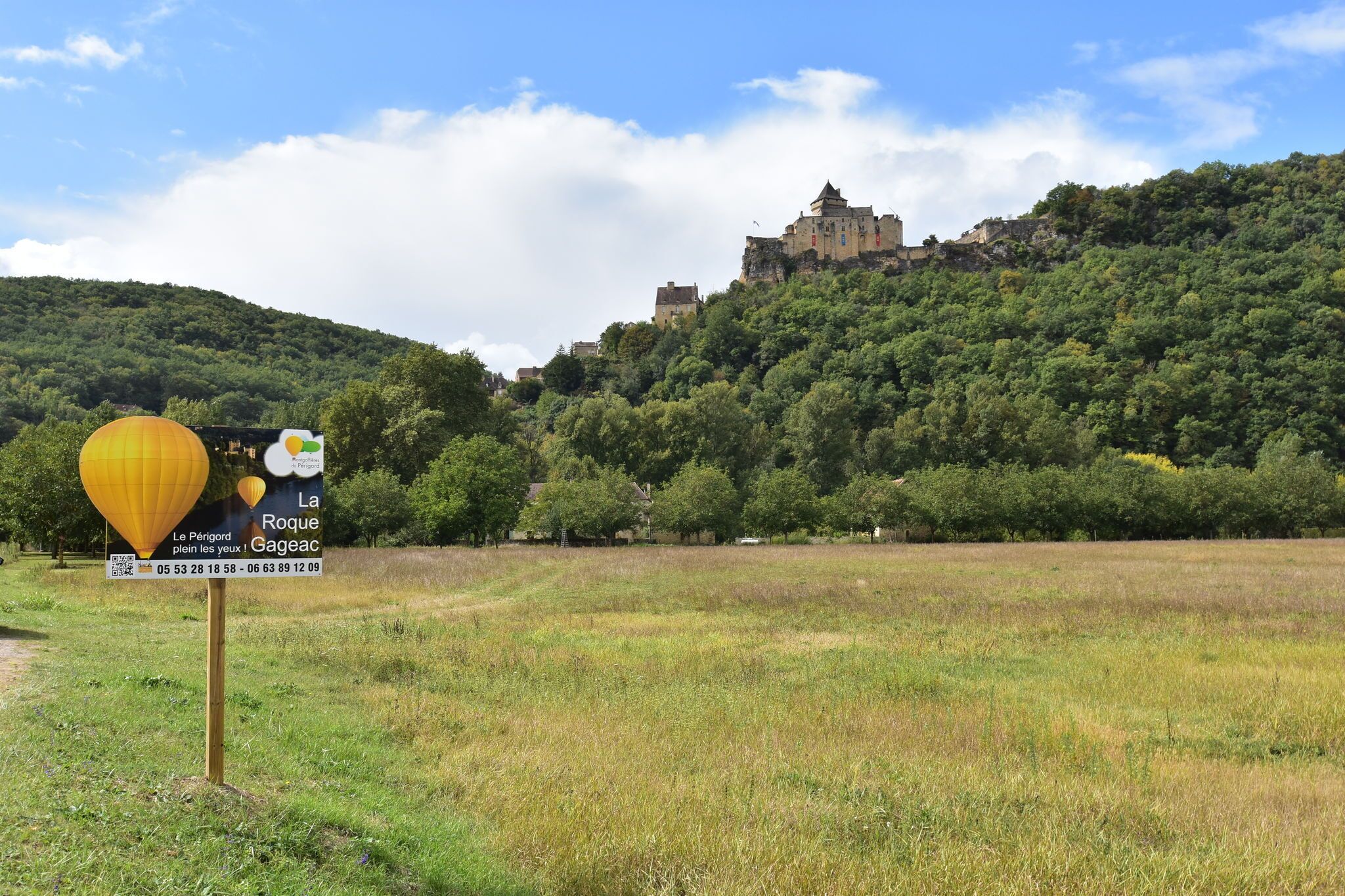 A signpost with text and a hot air balloon in a field with a castle on a hill in the background.
