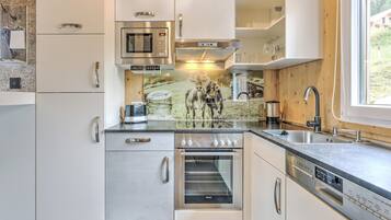 Frigorífico, microondas, horno y placa de cocina