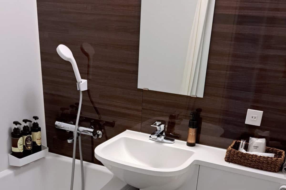 combined shower/bathtub, free toiletries, hair dryer, slippers