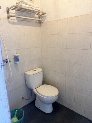 Kylpyhuone, jossa on wc, suihku ja pyyheteline.