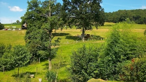 A rural landscape with a large tree, grassy fields, and a small building. - Peaceful Stay near Lake (Montgothier)