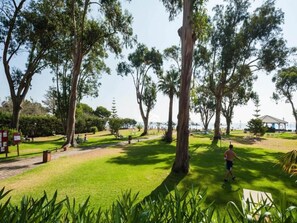 A park with large trees, a grassy area, and a pavilion.