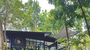 A modern building with a glass facade and a logo that reads "Bluetail Cafe". - Ultra Winds Mountain Resort (Baungon)