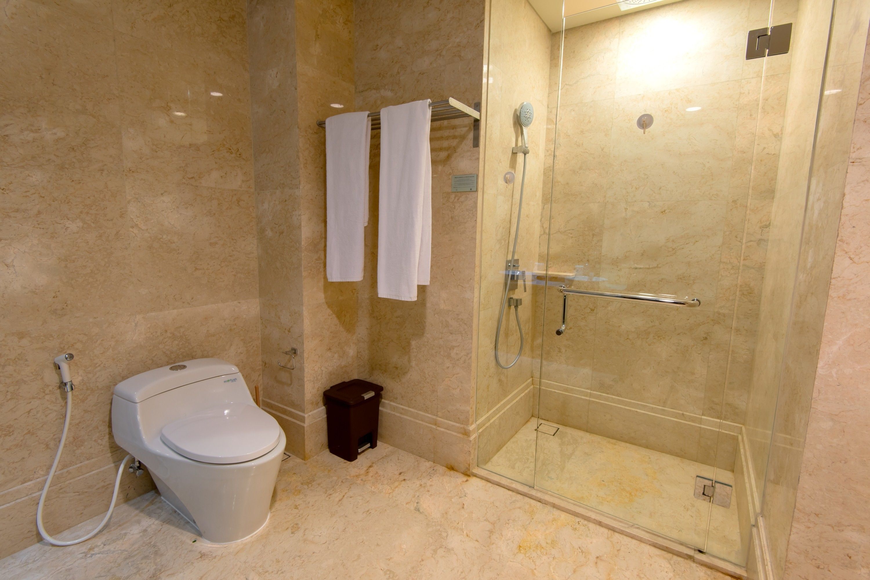 A modern bathroom with a glass-enclosed shower, a toilet, and a towel rack.
