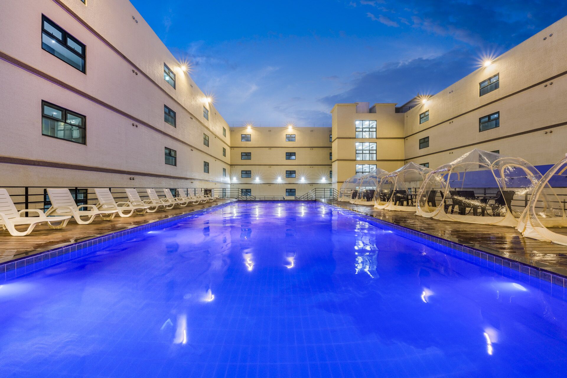 Seasonal outdoor pool, open 3:00 PM to 10:00 PM, sun loungers