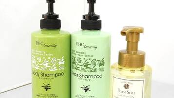 Combined shower/tub, designer toiletries, hair dryer, slippers