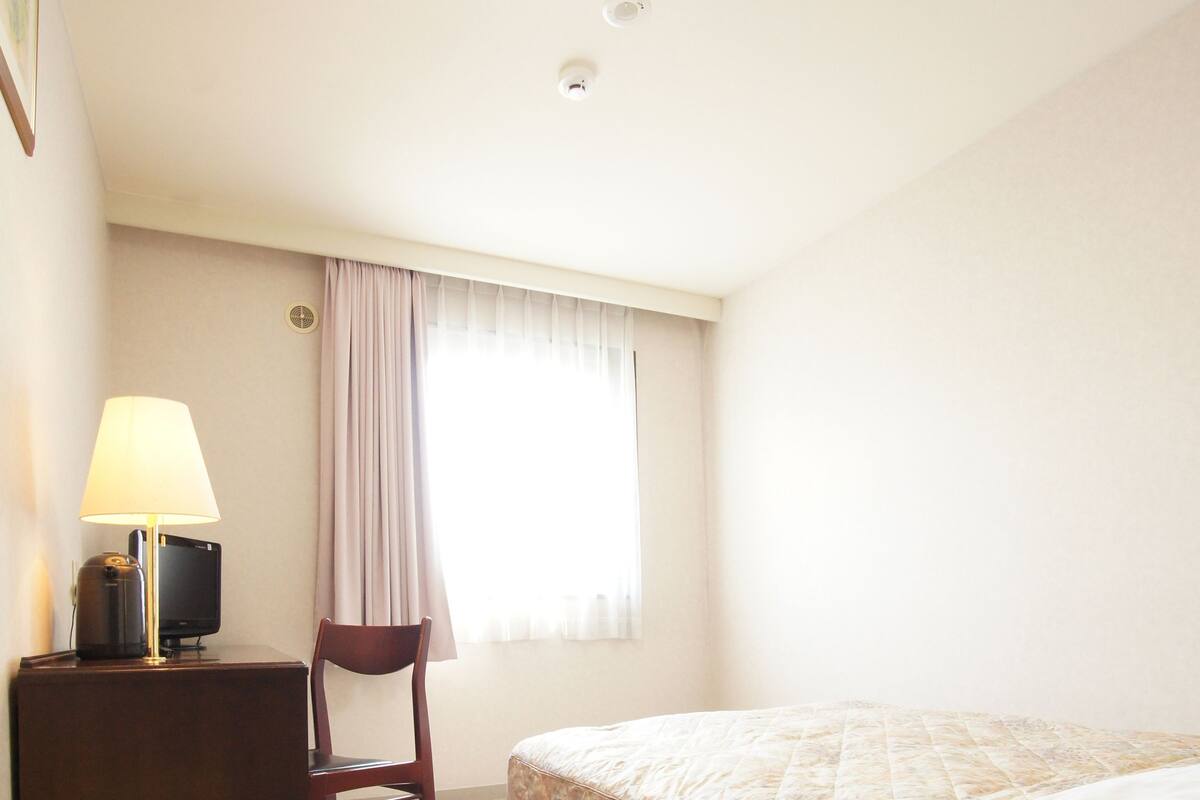 A hotel room with a bed, a desk with a lamp, a chair, and a television.