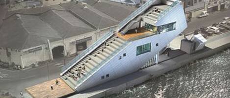 A modern architectural building with a sloped roof and a flat rooftop terrace.