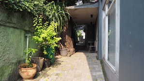 A narrow pathway flanked by potted plants and a building with a window. - Kemang Inn (Jakarta)