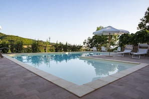 Outdoor pool, pool umbrellas, pool loungers