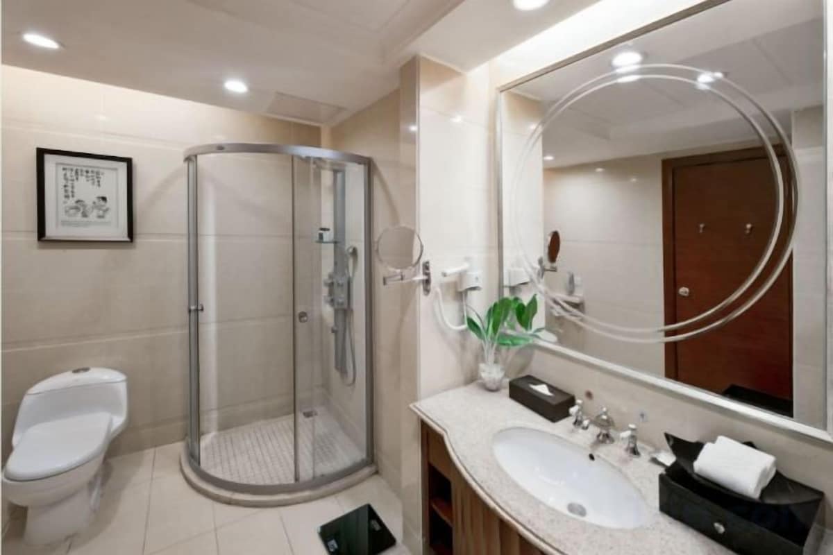 Combined shower/tub, free toiletries, hair dryer, bathrobes