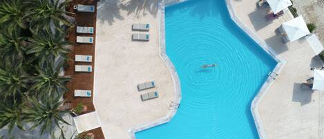 Seasonal outdoor pool, pool umbrellas, sun loungers