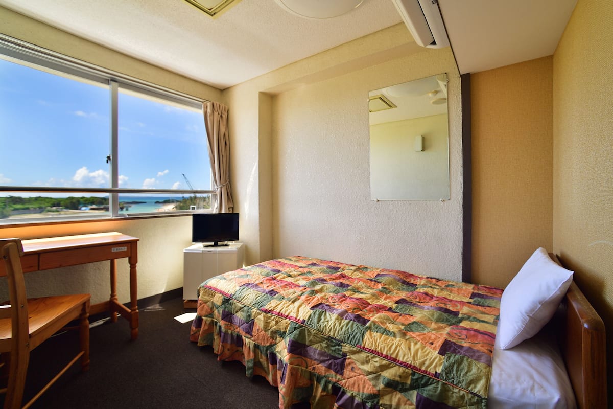 A hotel room with a bed, a desk, a chair, a television, and a window with a view of the sea.