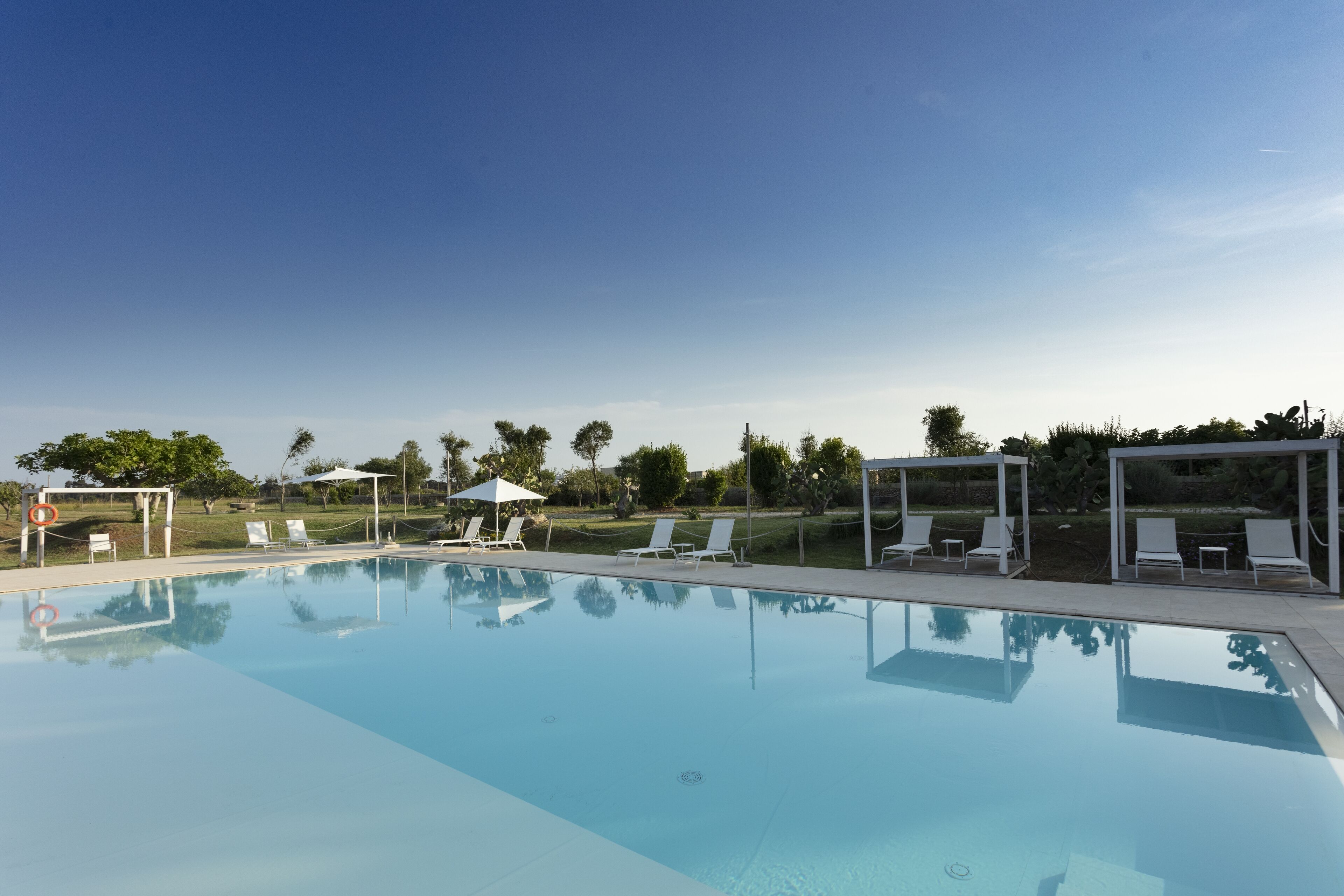 A clear swimming pool with lounge chairs and umbrellas, surrounded by greenery and trees.
