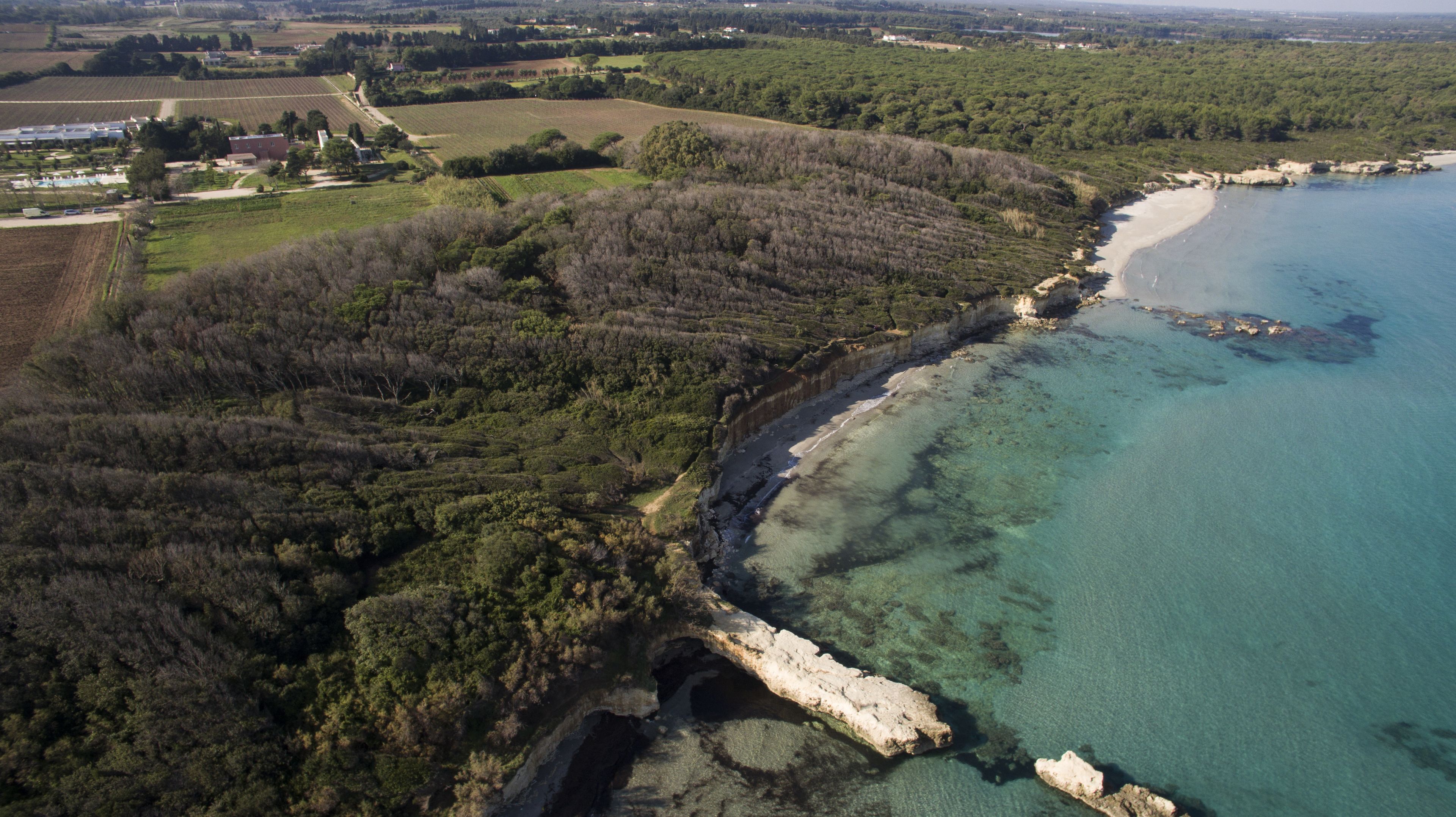 Vista aérea de uma área costeira com praia, colinas arborizadas e mar azul cristalino.