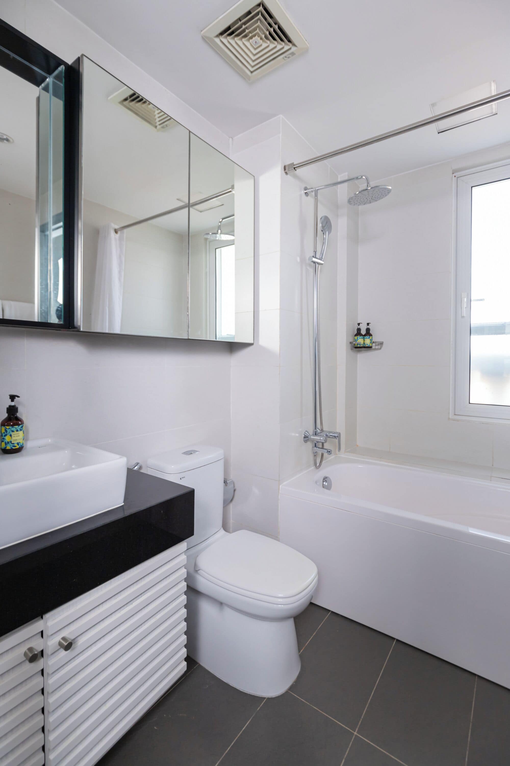 A modern bathroom with a white toilet, a bathtub, a shower, a large mirror, and a black countertop.