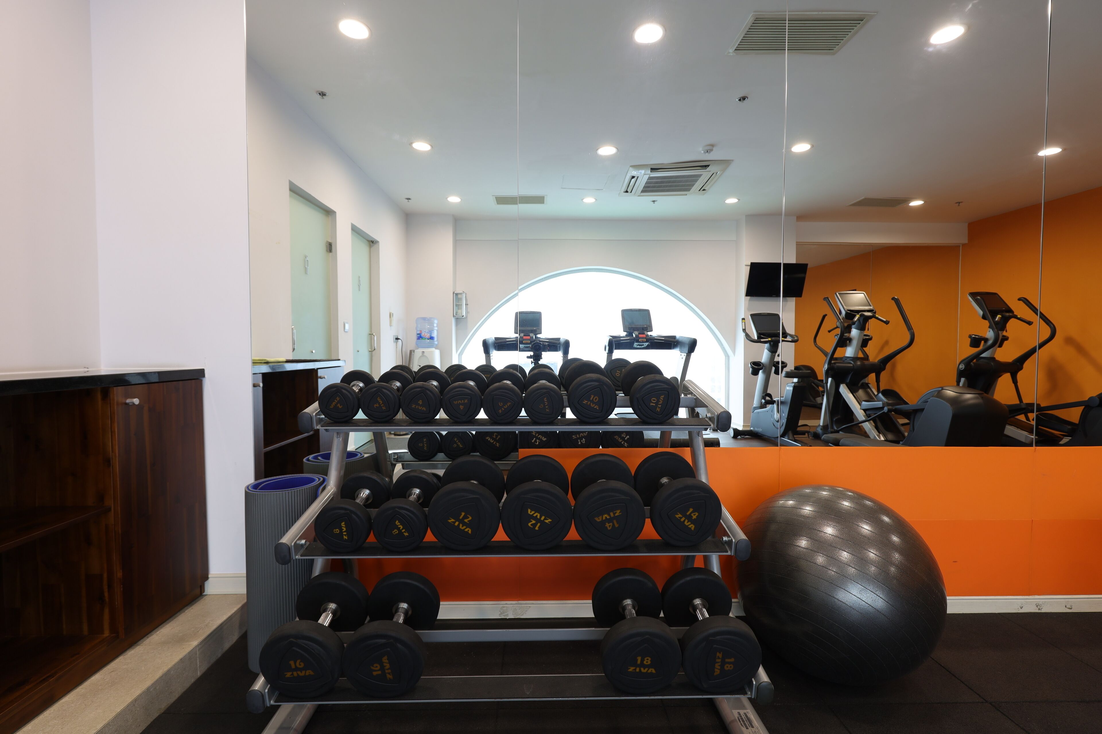 A gym with a rack of dumbbells, an exercise ball, and cardio equipment.