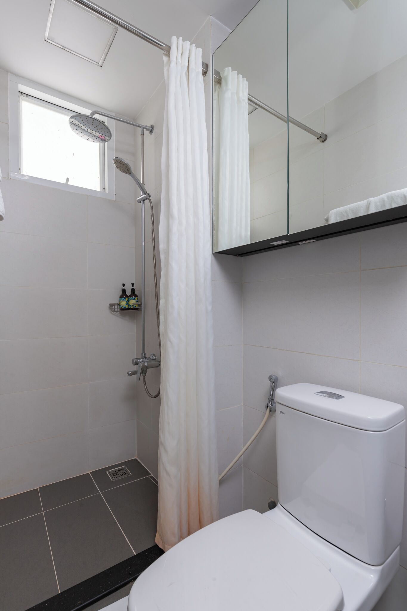 A modern bathroom with a shower, toilet, and a mirror.
