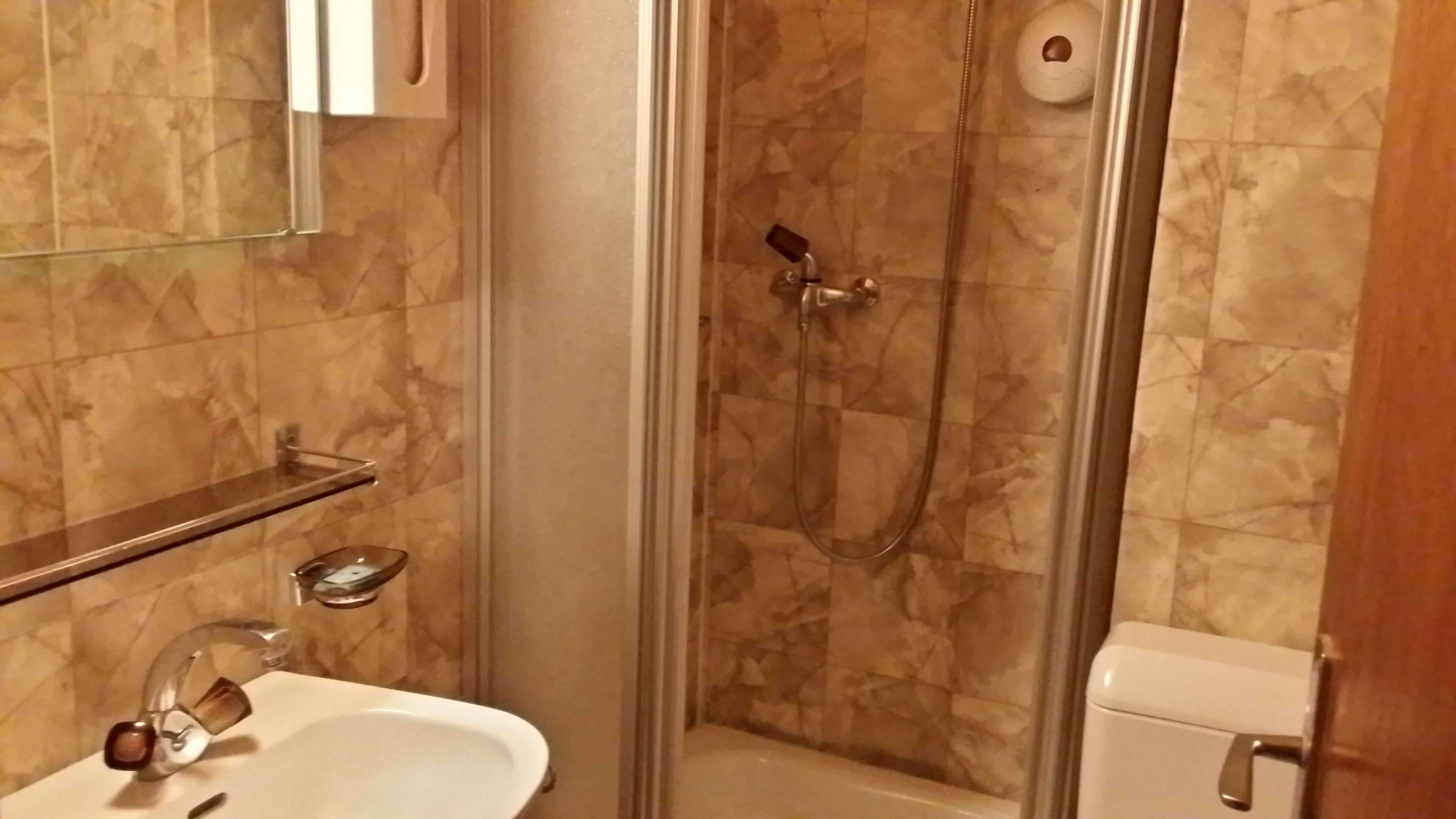 chalet (single) | bathroom | shower, free toiletries, hair dryer, towels