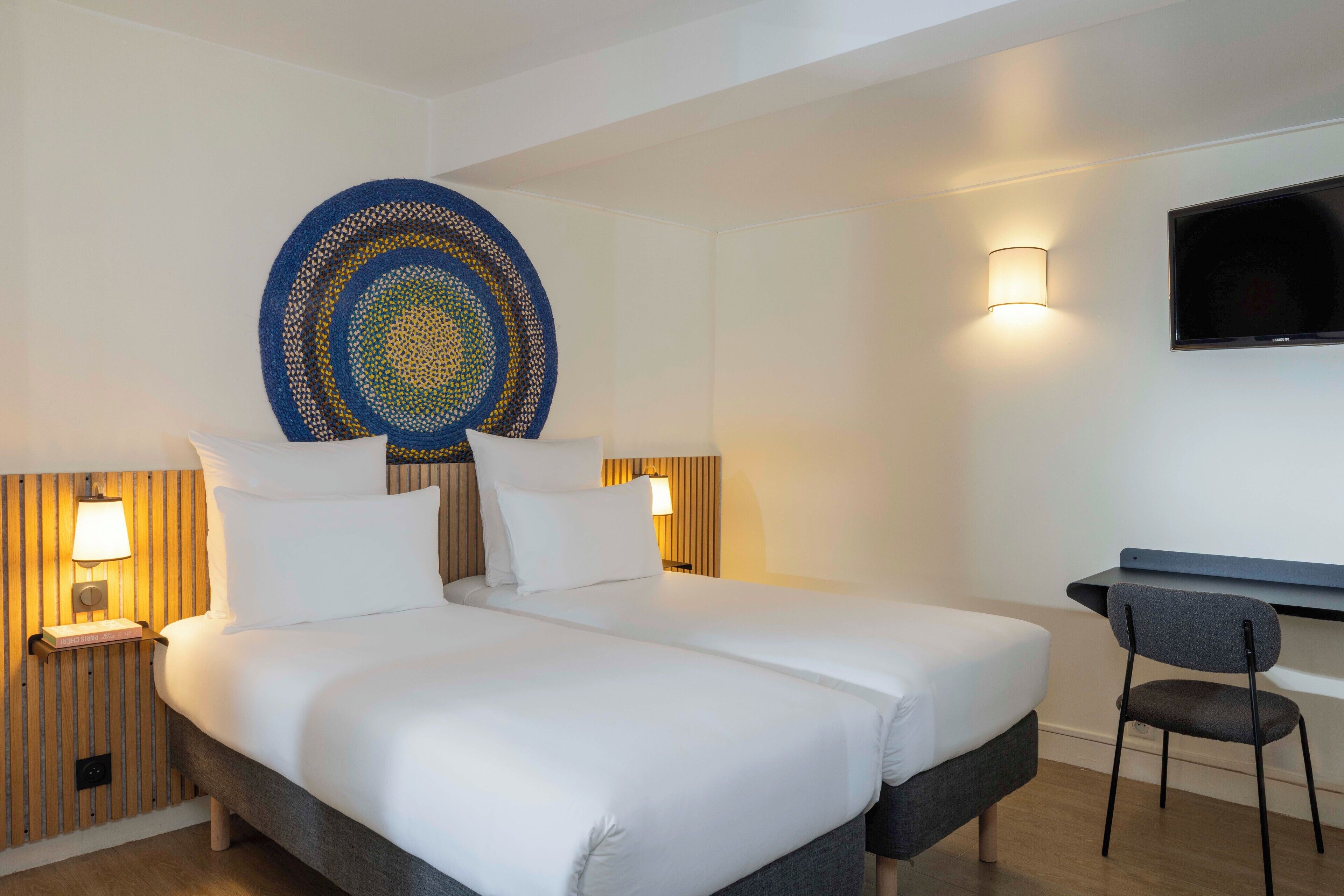 twin room | desk, blackout curtains, soundproofing, iron/ironing board