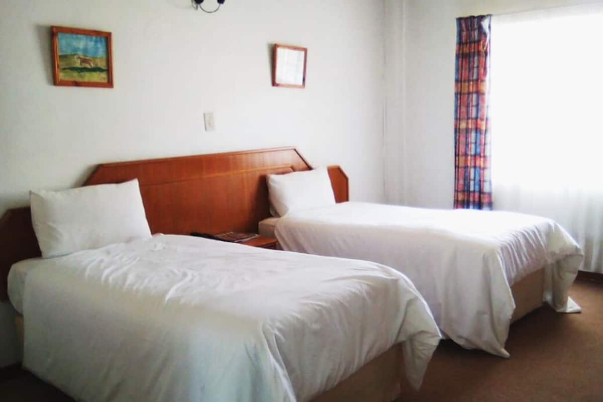 Une chambre d’hôtel avec deux lits simples, une tête de lit en bois, un tableau au mur et une fenêtre avec un rideau.