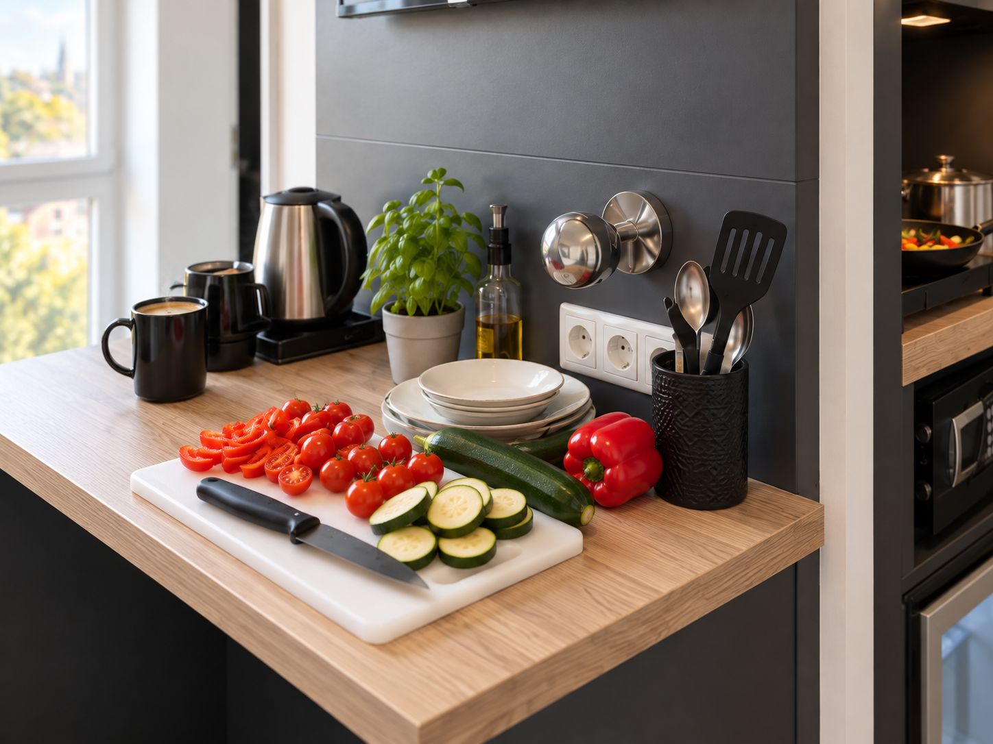 A modern kitchen with a wooden countertop, a cutting board with vegetables, a coffee maker, a kettle, a potted plant, and kitchen utensils.