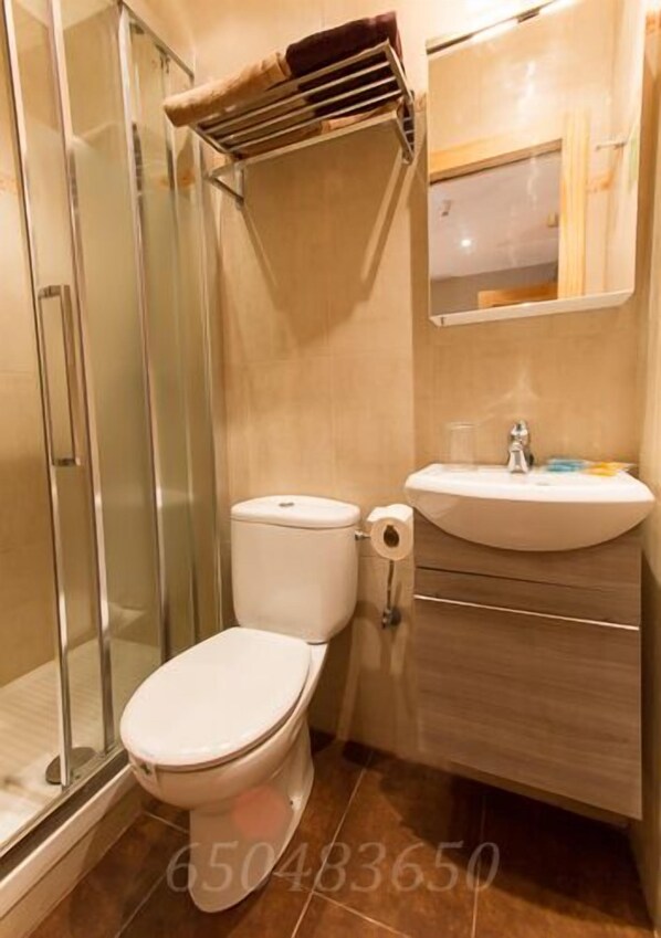 A bathroom with a glass shower enclosure, a toilet, and a sink with a mirror above it. - Hosteria Villa de Castro (Castro Urdiales)
