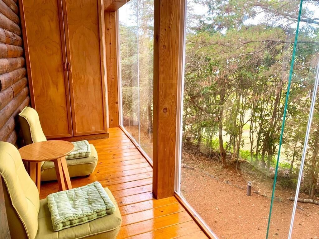 Une terrasse en bois avec un canapé et une petite table, de grandes fenêtres donnant sur la forêt.