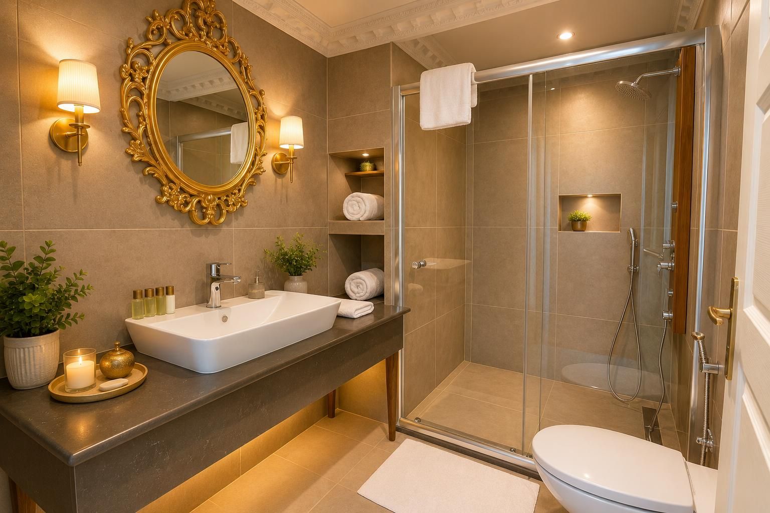 Un baño moderno con un espejo grande, un lavamanos blanco, cabina de ducha y un inodoro.