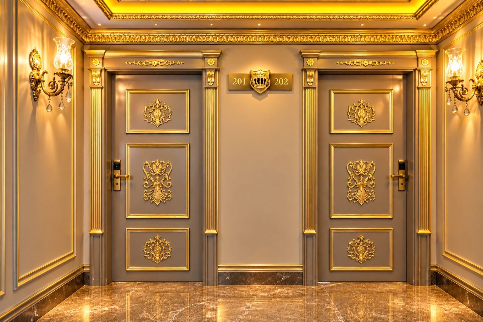 Un pasillo lujoso con dos puertas ornamentales, cada una con una placa numérica y un escudo.