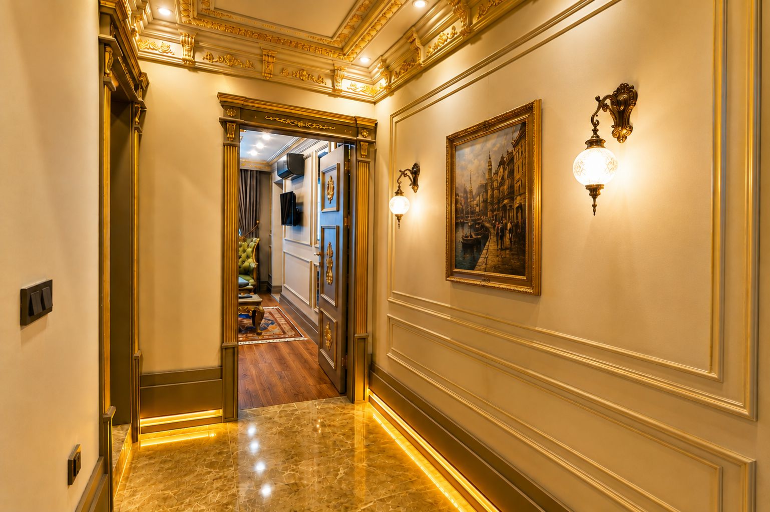 A hallway with a marble floor, ornate wall decorations, and a painting.