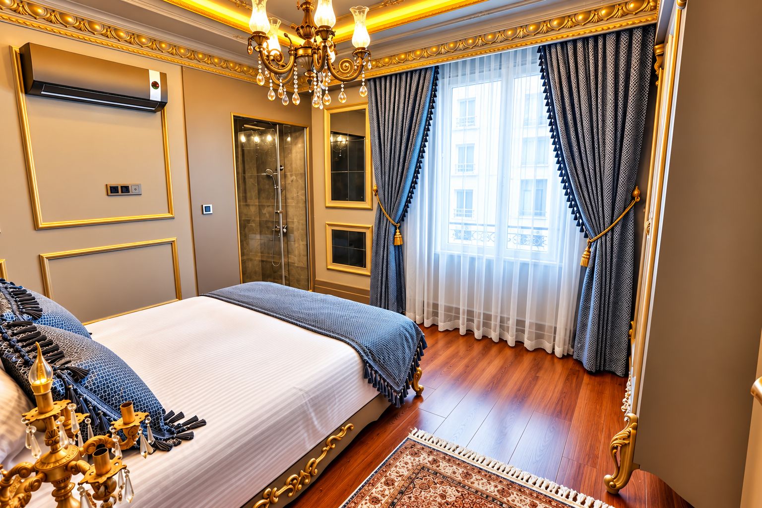 Un dormitorio lujoso con una cama grande, un candelabro, una ducha y vistas a la ciudad.