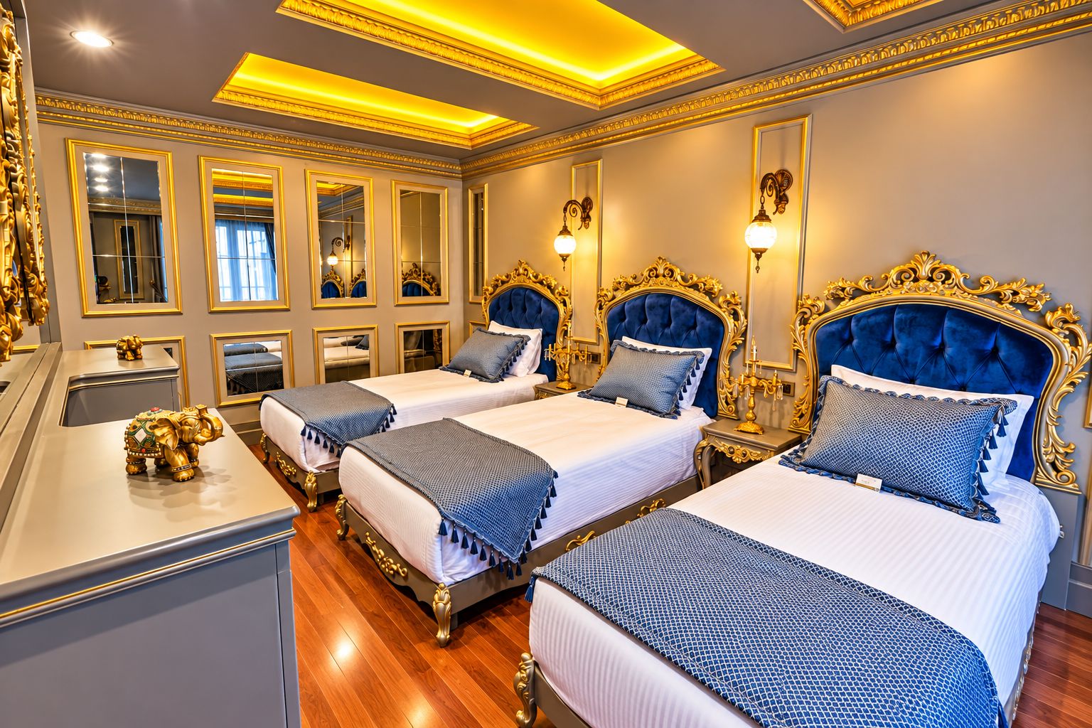 Een luxueuze hotelkamer met drie bedden, gedetailleerde gouden versieringen en een grote spiegel.