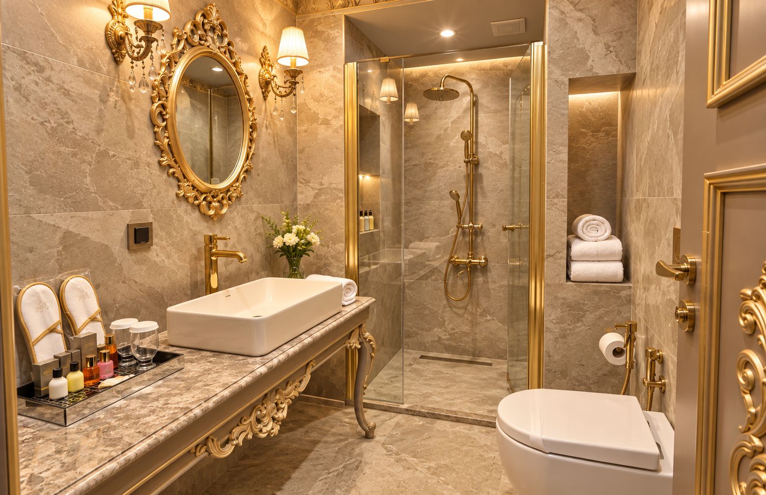 A luxurious bathroom with a large mirror, gold fixtures, a walk-in shower, and a vanity with toiletries.