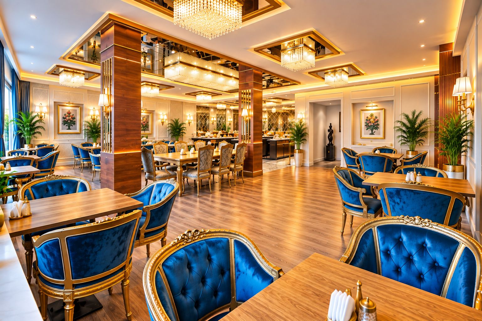 A hotel dining area with multiple tables and chairs, chandeliers, and potted plants.