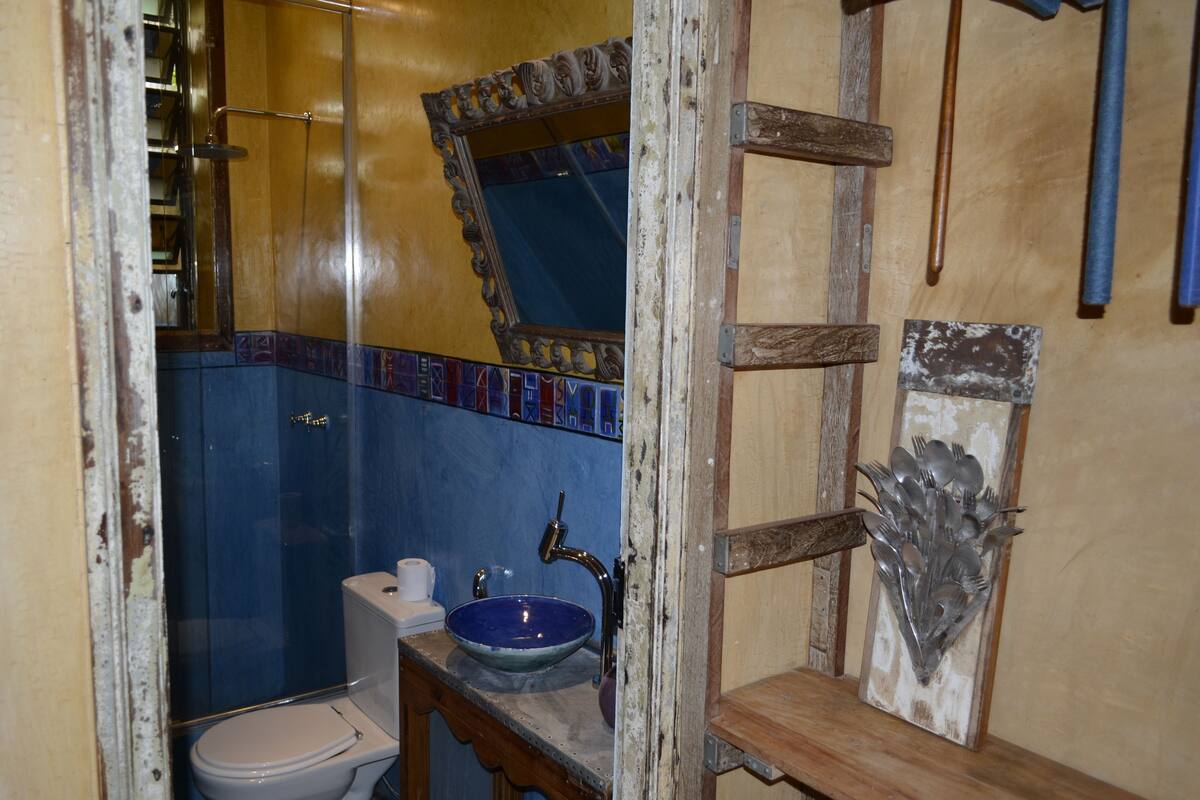 Une salle de bain avec un mur recouvert de carreaux bleus, des toilettes blanches, un lavabo avec un receveur bleu et une étagère en bois sur laquelle repose une sculpture en métal.