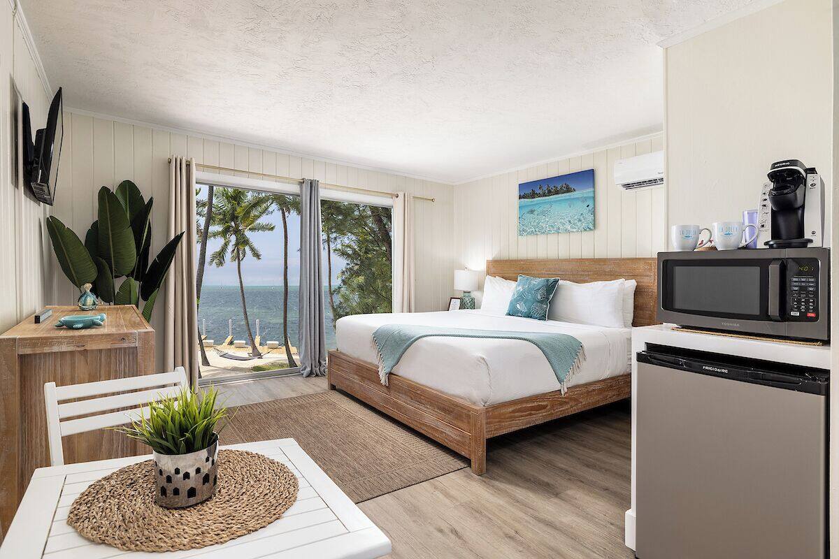 A bedroom with a bed, a desk, a dining table, a plant, a view of the ocean, and a kitchen area with a microwave.